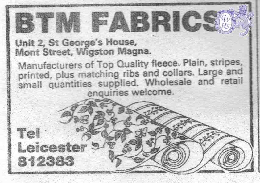 20-040 BTM Fabrics Moat Street Wigston Magna 1989 Advert