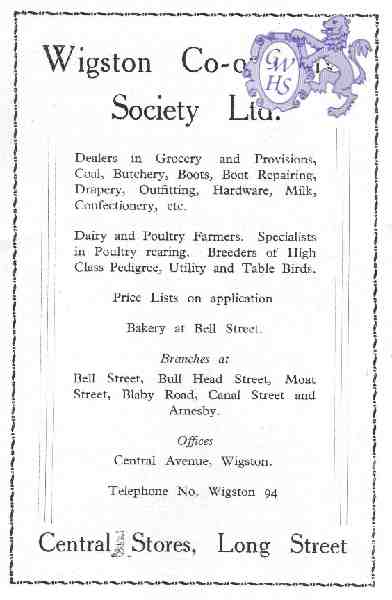 20-044 Wigston Co-operative Society Ltd Central Stores Long Street Wigston Advert