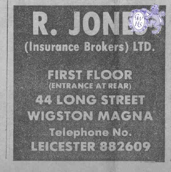 20-127 R Jones Insurance Broker advert Wigston Magna 1975