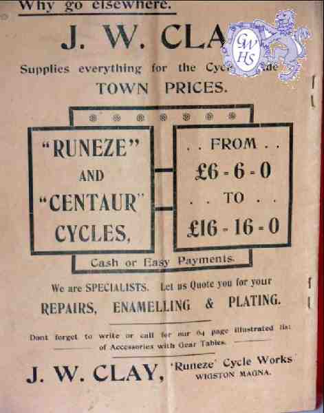 31-200 J W Clay advert 1908 Wigston Magna