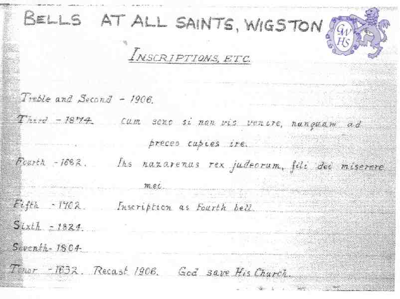 23-444 List of Bells at All Saints Church Wigston Magna