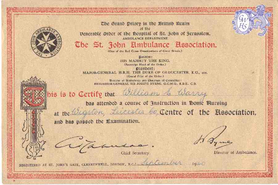 23-636 The St John Ambulance Association home nursing certificate for William E Warry of Wigston 1940