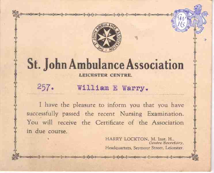 23-644 St John Ambulance Association pass notification to Wm E Warry 1940