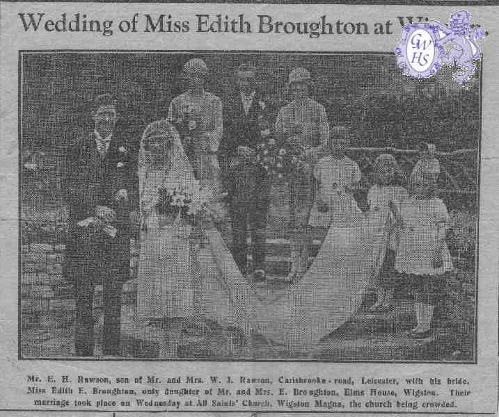 19-022 Wedding of Edith Broughton at All Saint's Wigston Magna with picture in brides garden in Bull Head Street 1927