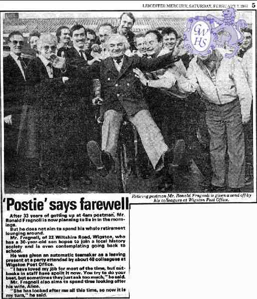 31-364 Ronald Fragnoli local Wigston Postman retires 1987