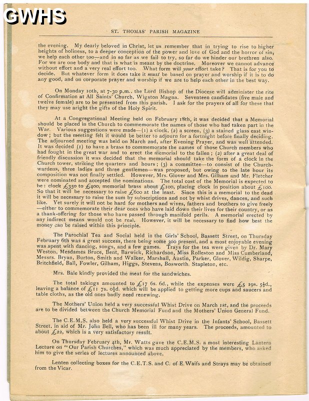 23-405 St Thomas's Glen Parva & South Wigston Church Monthly March 1919