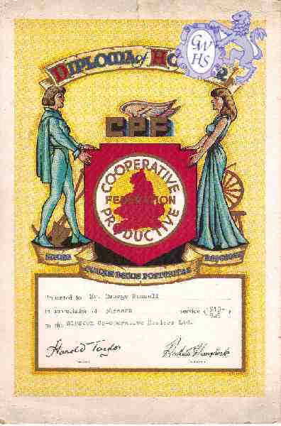25-110 Diploma of Honour presented to George Russell for 34 years service to Wigston Co-operative Hosiers Ltd in 1949