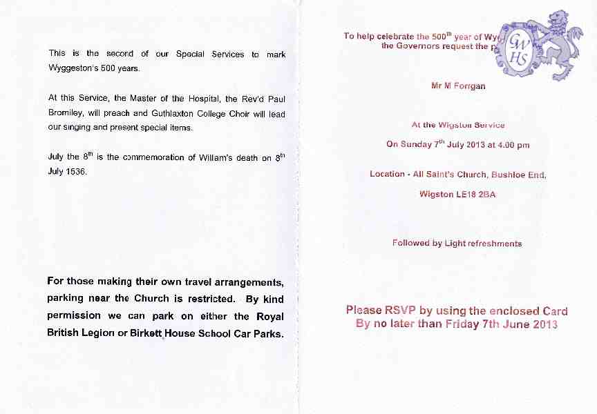 26-267 Wyggeston 500th Year Church Service Invitation July 2013 Part 2
