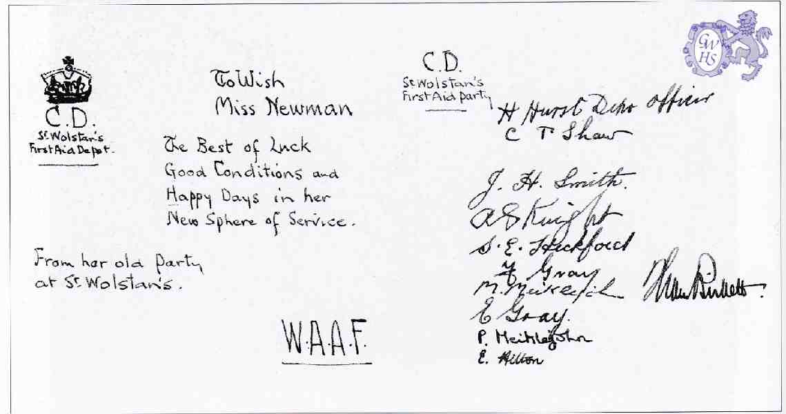 26-435 1940's Home Made Card Wigston Magna WAAF