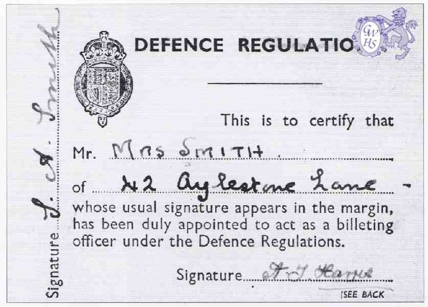 26-459 WWII Billeting Officers Identity Card Mrs Smith Aylestone Lane Wigston Magna