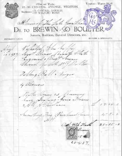 30-574 Brewin & Boulter Funeral Director Central Avenue Wigston Magna 1937