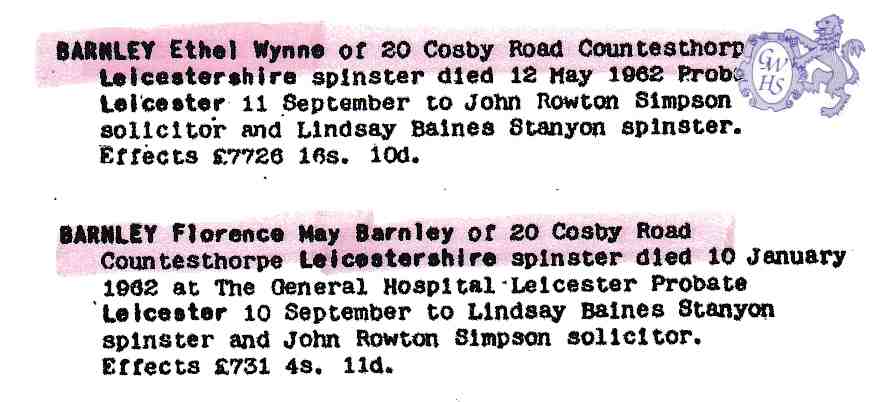 30-639 Probate listings for Ethel Wynne Barnley & Florence May Barnley 1962