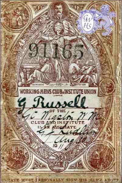30-791 George Russell's membership card to Great Wigston Working Mens Club 1911