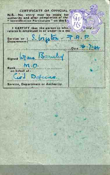 31-082 Elizabeth Bolton  Blue identity card from 1944 signed by Wynne Barnley 1