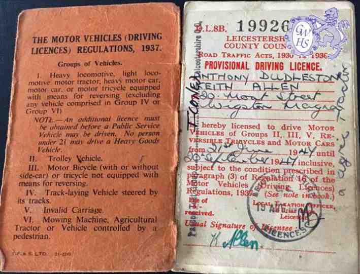31-119 provisional driving licence, issued in 1947 to Anthony Dudleston Keith Allen