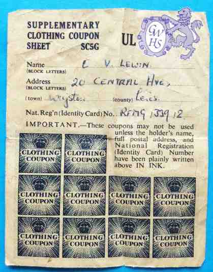32-116 Supplimentary Clothing Coupon Sheet C V Lewin Central Avenue Wigston Magna