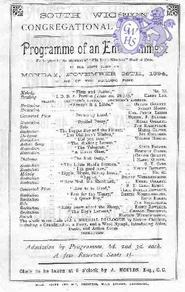 20-039 Congregational Chapel Programme 1894  South Wigston Flyer